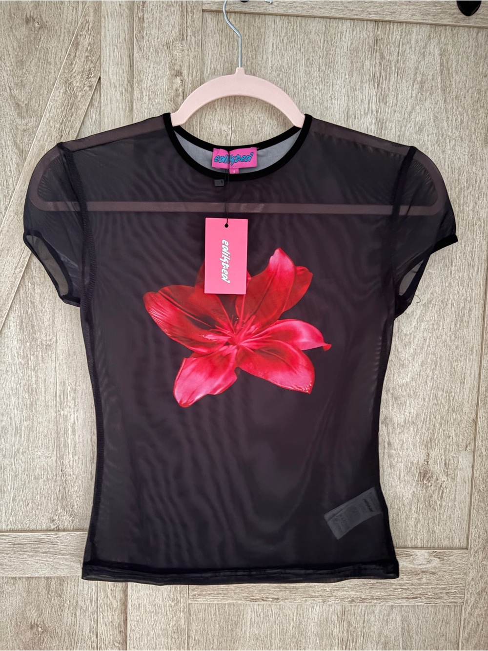 Edikted Black Sheer Mesh Floral Baby Tee | Small | NWT